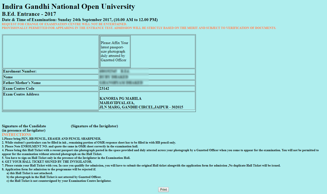 IGNOU B.Ed 2017 Admit Card (Download Now)